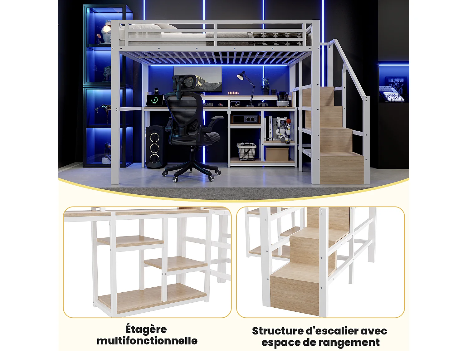 Lit mezzanine 2 personnes 140x200cm avec escalier rangement, prises USB/Type-C, étagère et LED, métal blanc