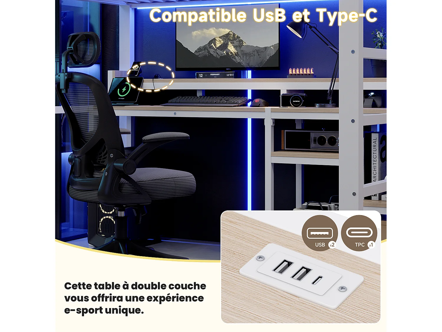 Lit mezzanine 2 personnes 140x200cm avec escalier rangement, prises USB/Type-C, étagère et LED, métal blanc
