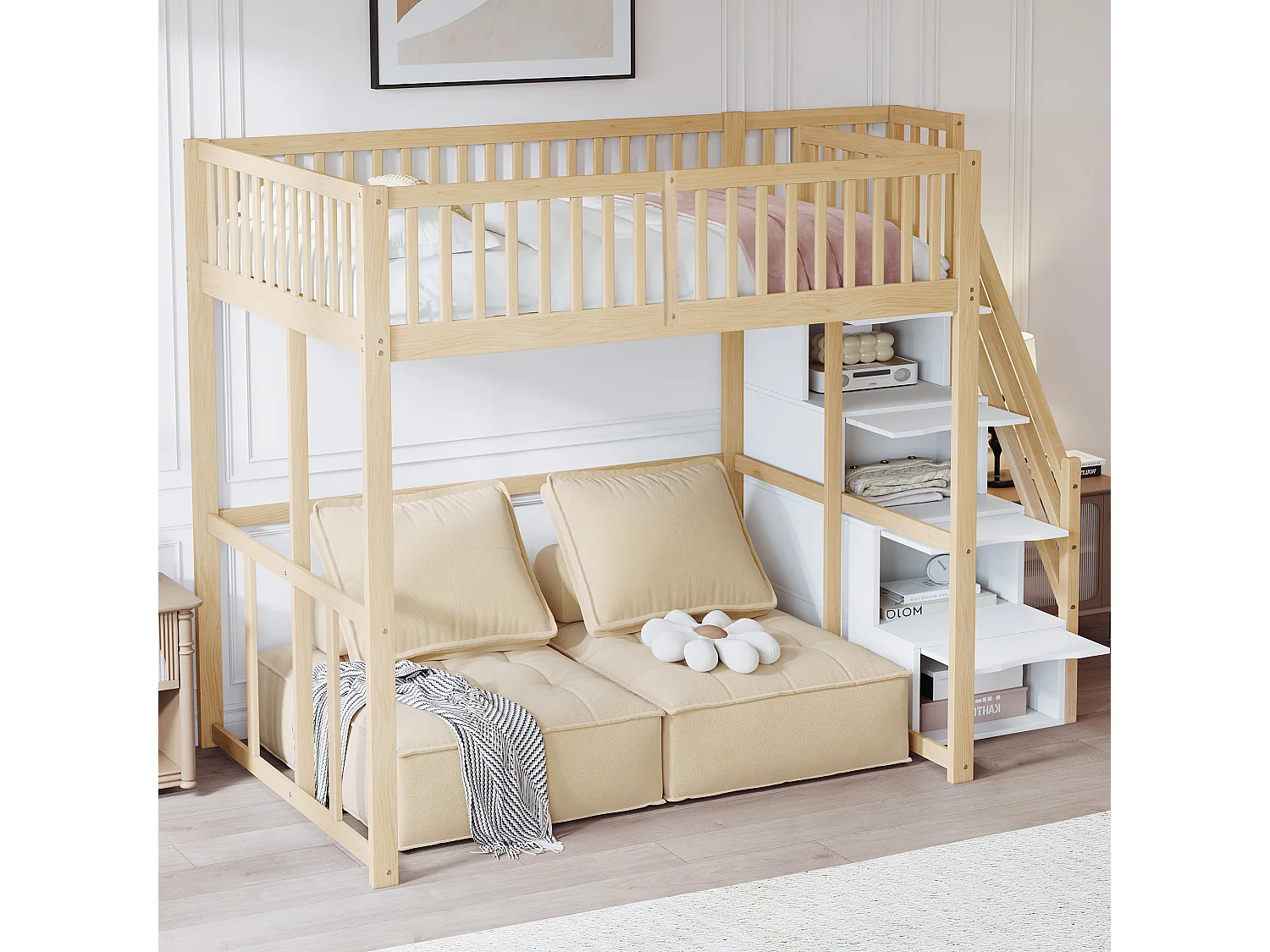 Lit mezzanine enfant 140 x 200 cm, escalier sécurisé avec rangement, barrières de protection, pour enfant ou adulte, pin massif, naturel