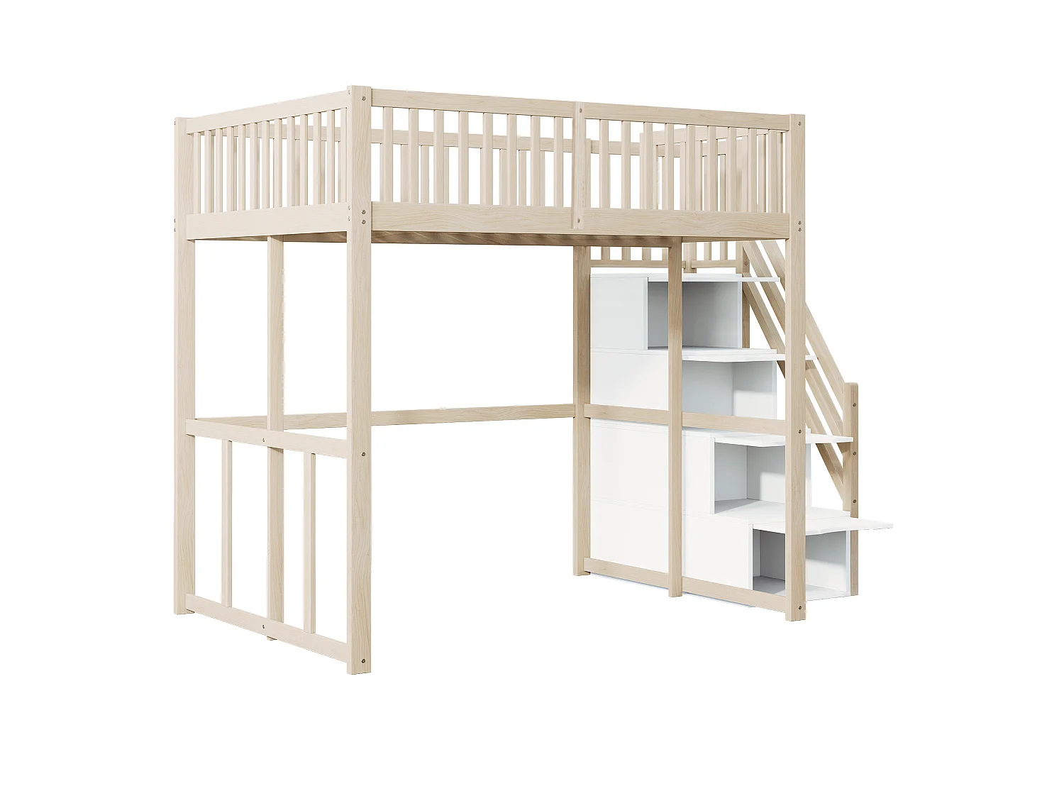 Lit mezzanine enfant 140 x 200 cm, escalier sécurisé avec rangement, barrières de protection, pour enfant ou adulte, pin massif, naturel