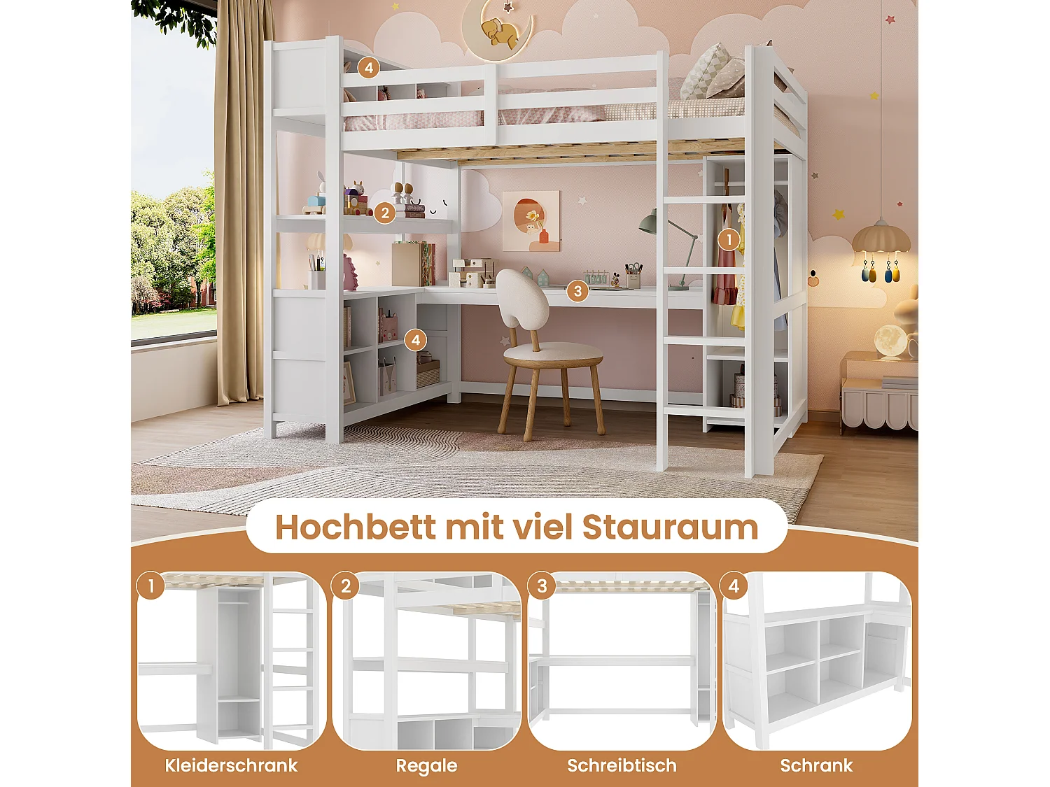 Lit mezzanine enfant 140x200cm, bureau intégré, armoire, étagères et multiples rangements, lit gain de place, Blanc