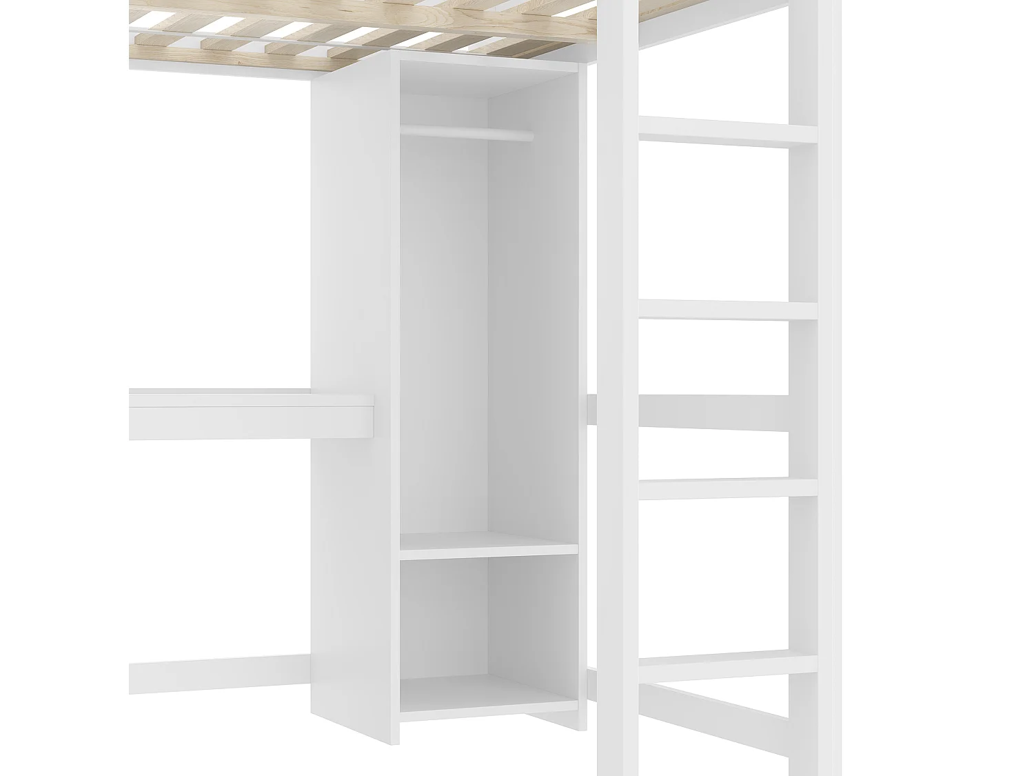 Lit mezzanine enfant 140x200cm, bureau intégré, armoire, étagères et multiples rangements, lit gain de place, Blanc