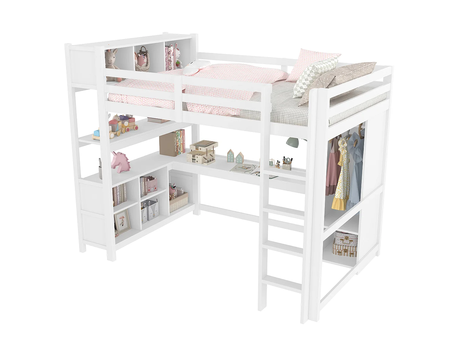 Lit mezzanine enfant 140x200cm, bureau intégré, armoire, étagères et multiples rangements, lit gain de place, Blanc