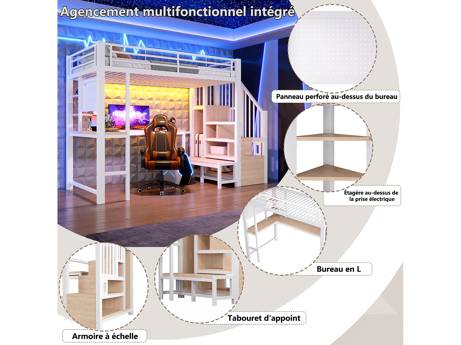 Lit mezzanine Métal 90x200cm - Lit haut double avec bureau, panneau perforé, escalier rangement, prises USB/USB-C, étagères et LED, blanc