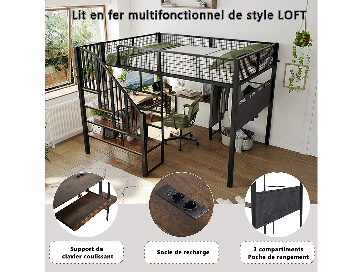 Lit mezzanine 140 x 200 cm en métal, bureau d’angle en L, escalier, tablette clavier, port de charge, poche latérale, noir