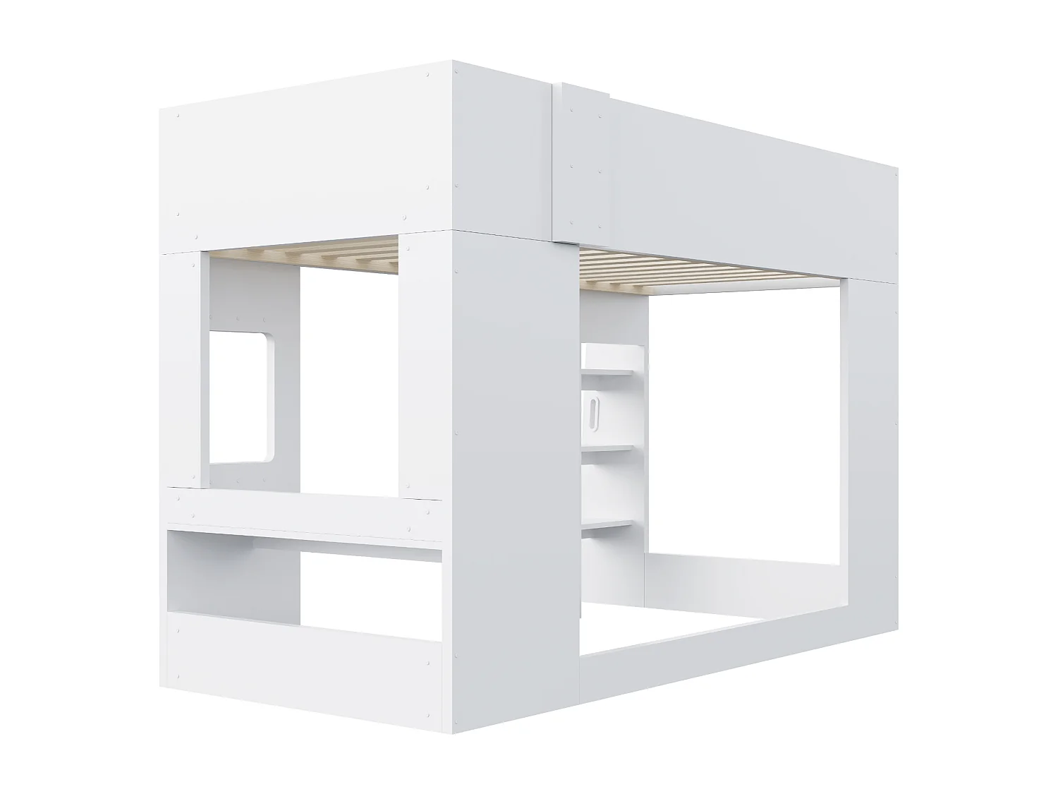 Lit mezzanine 90 x 200 cm en bois/MDF, petit bureau, LED, barrières hautes, blanc