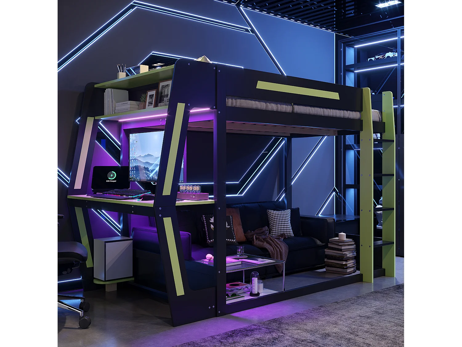 Lit mezzanine gaming 120 x 200 cm avec bureau, support PC, rangements et éclairage LED, noir et vert
