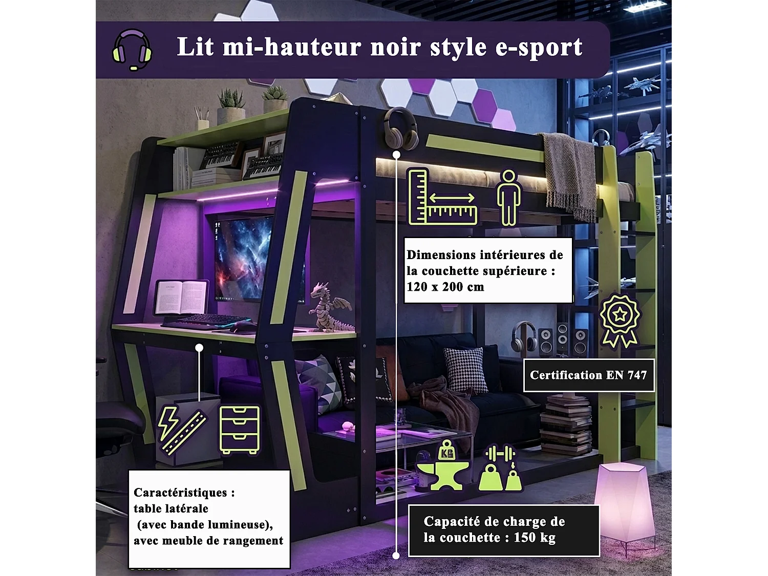 Lit mezzanine gaming 120 x 200 cm avec bureau, support PC, rangements et éclairage LED, noir et vert