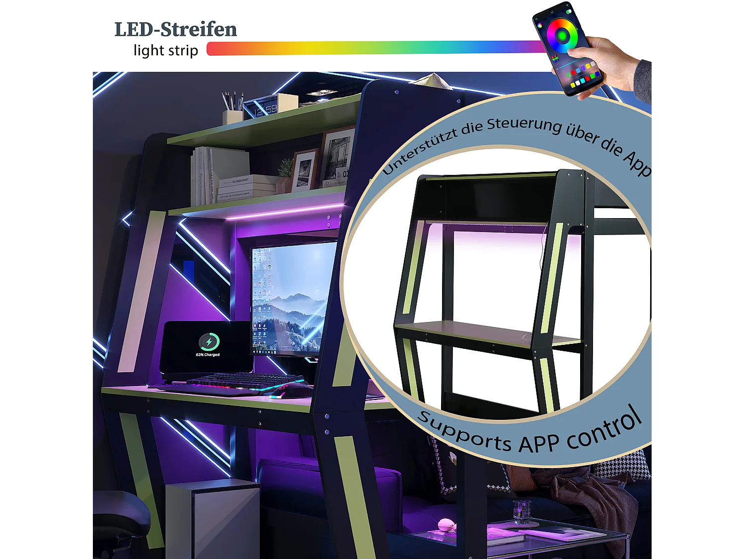 Lit mezzanine gaming 120 x 200 cm avec bureau, support PC, rangements et éclairage LED, noir et vert