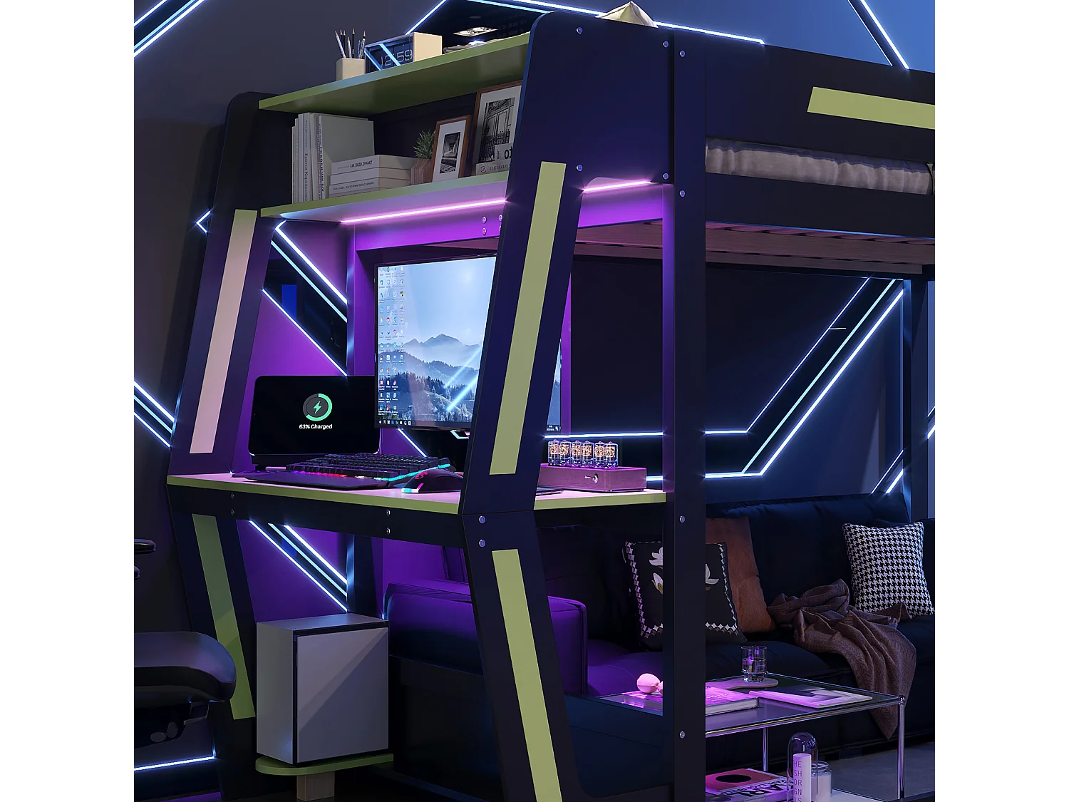 Lit mezzanine gaming 120 x 200 cm avec bureau, support PC, rangements et éclairage LED, noir et vert