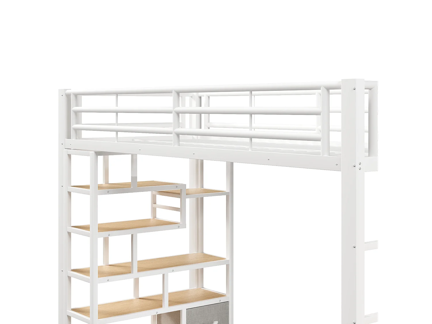 Lit mezzanine enfant 90x200cm avec tiroirs en tissu et espace sous le lit, LED, étagère, marches intégrées et barrière, métal blanc