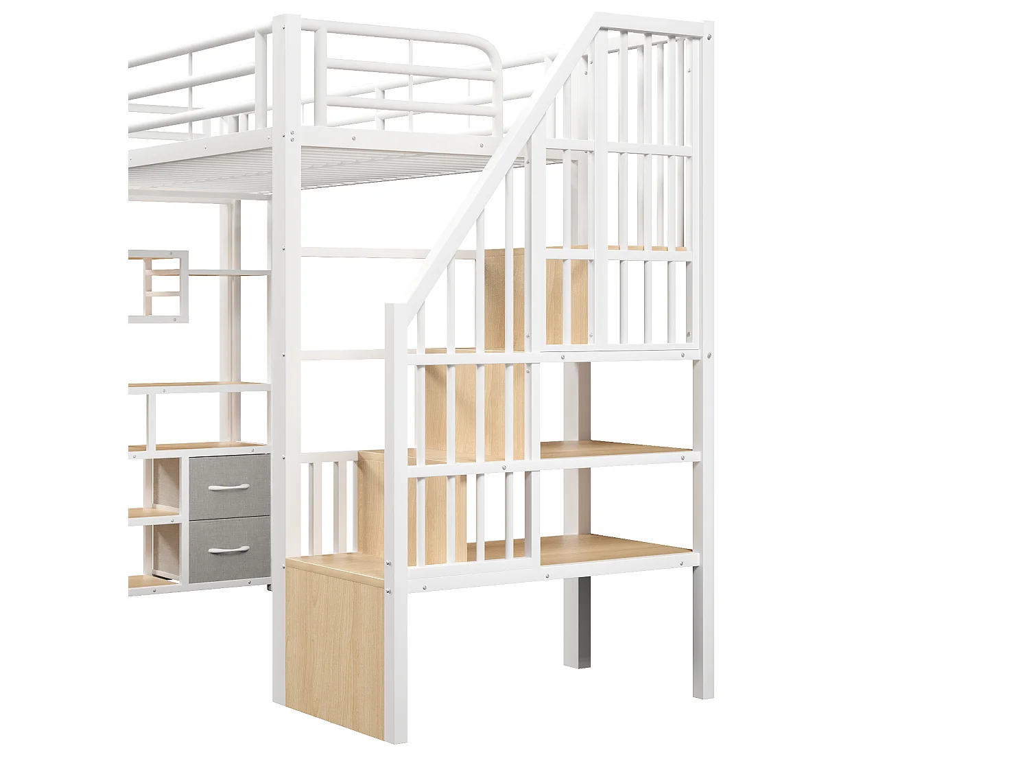 Lit mezzanine enfant 90x200cm avec tiroirs en tissu et espace sous le lit, LED, étagère, marches intégrées et barrière, métal blanc