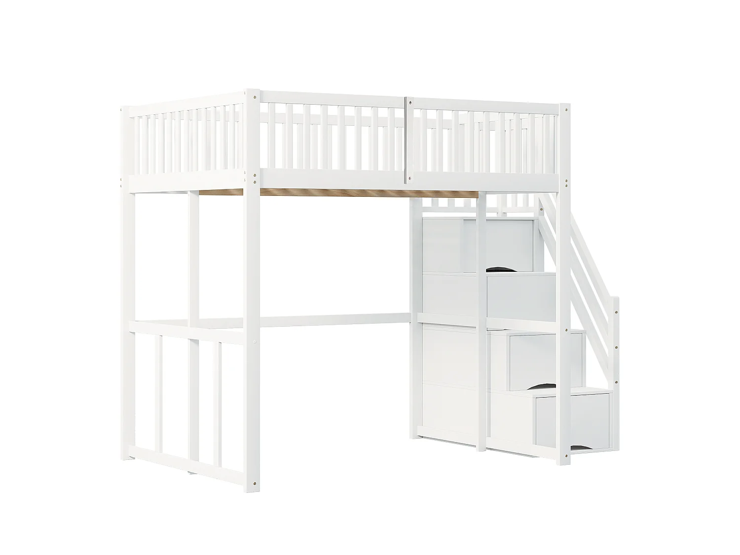 Lit mezzanine enfant 140 x 200 cm, escalier sécurisé avec rangement, barrières de protection, pour enfant ou adulte, pin massif, blanc
