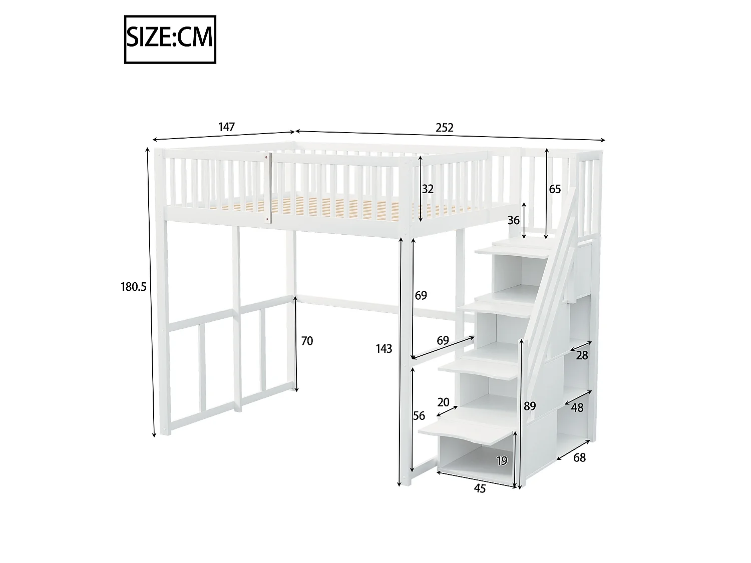 Lit mezzanine enfant 140 x 200 cm, escalier sécurisé avec rangement, barrières de protection, pour enfant ou adulte, pin massif, blanc