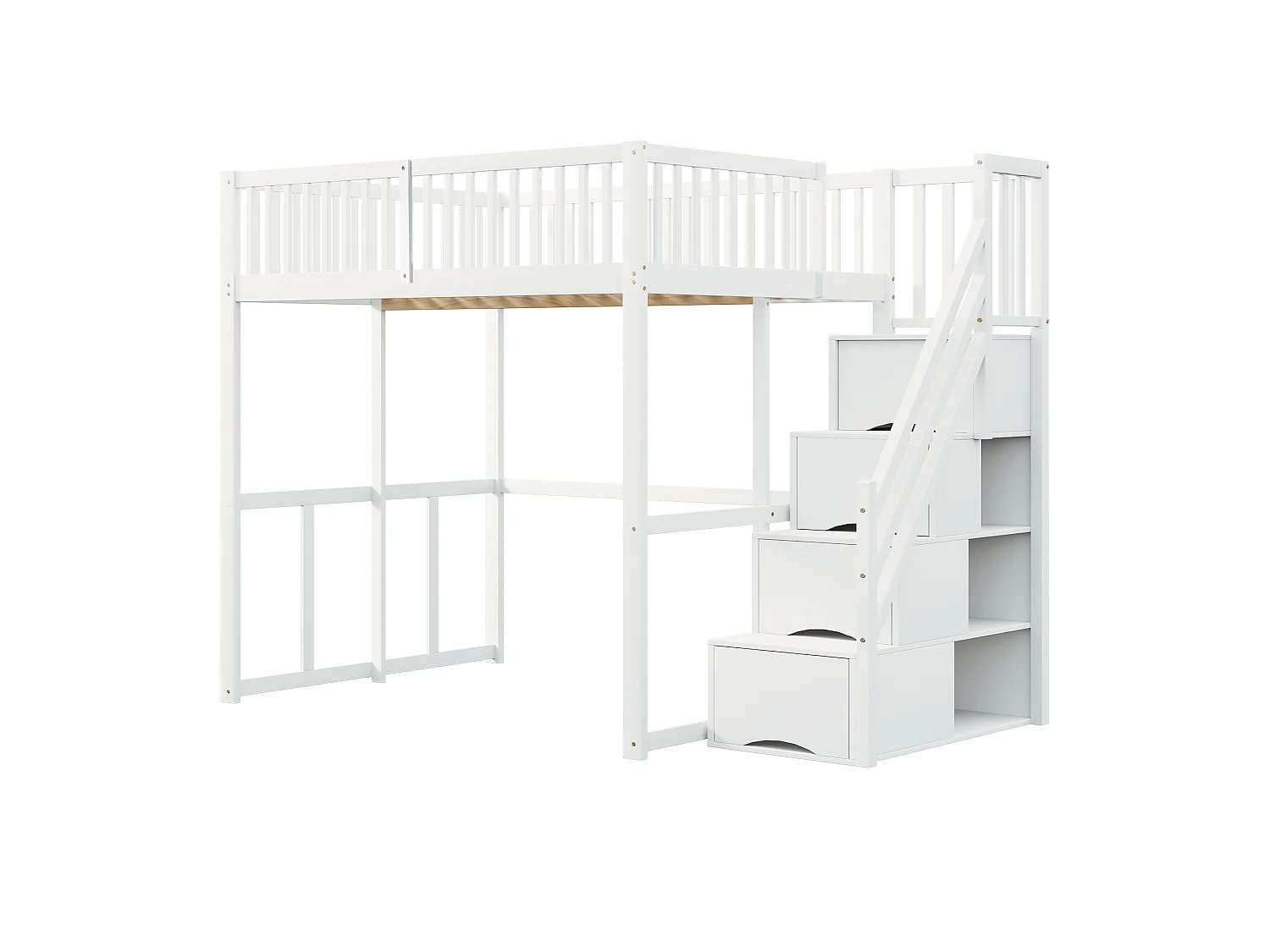 Lit mezzanine enfant 140 x 200 cm, escalier sécurisé avec rangement, barrières de protection, pour enfant ou adulte, pin massif, blanc