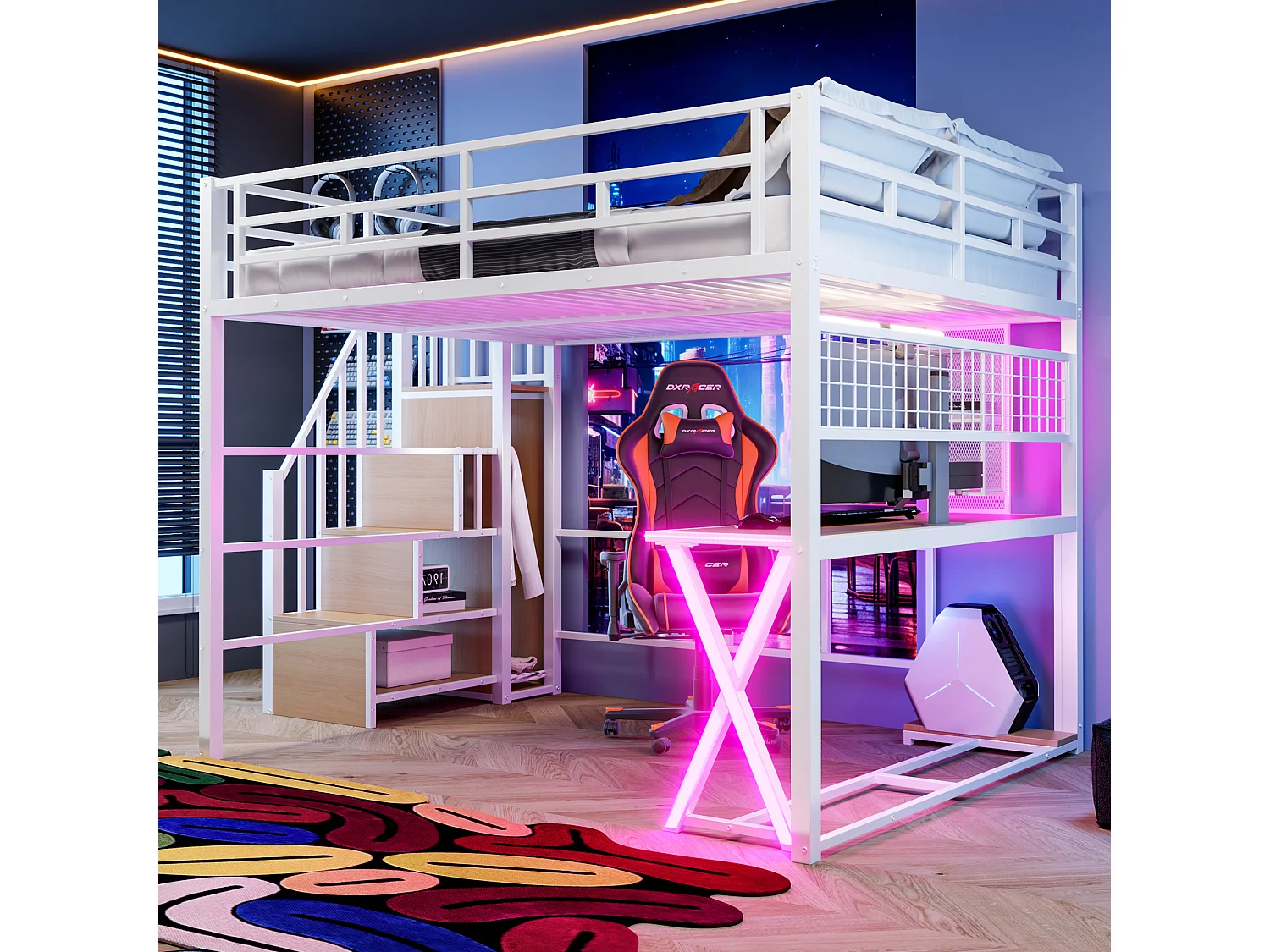 Lit mezzanine 160x200cm avec bureau, armoire, étagères, escalier de rangement et éclairage LED, lit multifonction, sans matelas, blanc