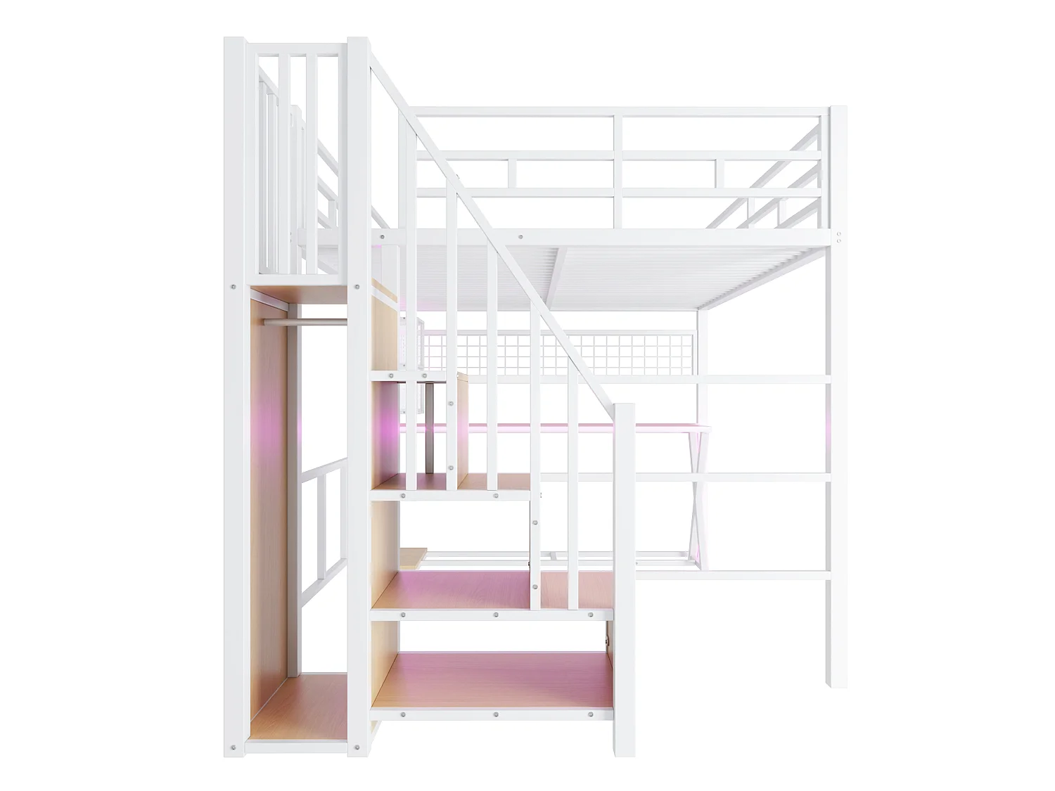 Lit mezzanine 160x200cm avec bureau, armoire, étagères, escalier de rangement et éclairage LED, lit multifonction, sans matelas, blanc