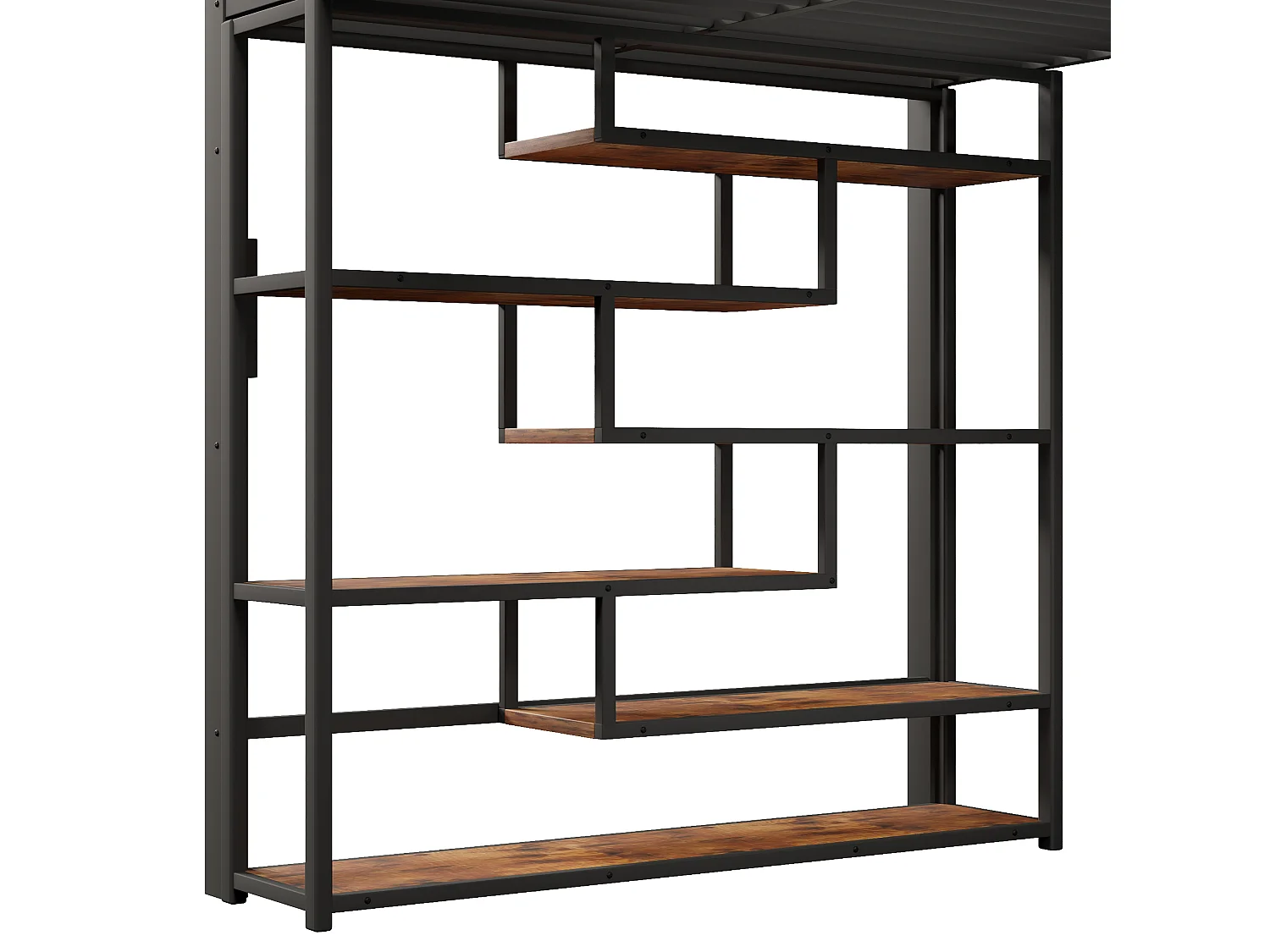 Lit mezzanine enfant 140x200cm avec espace libre sous le lit - avec LED, étagère, marches intégrées et barrière de sécurité, métal noir