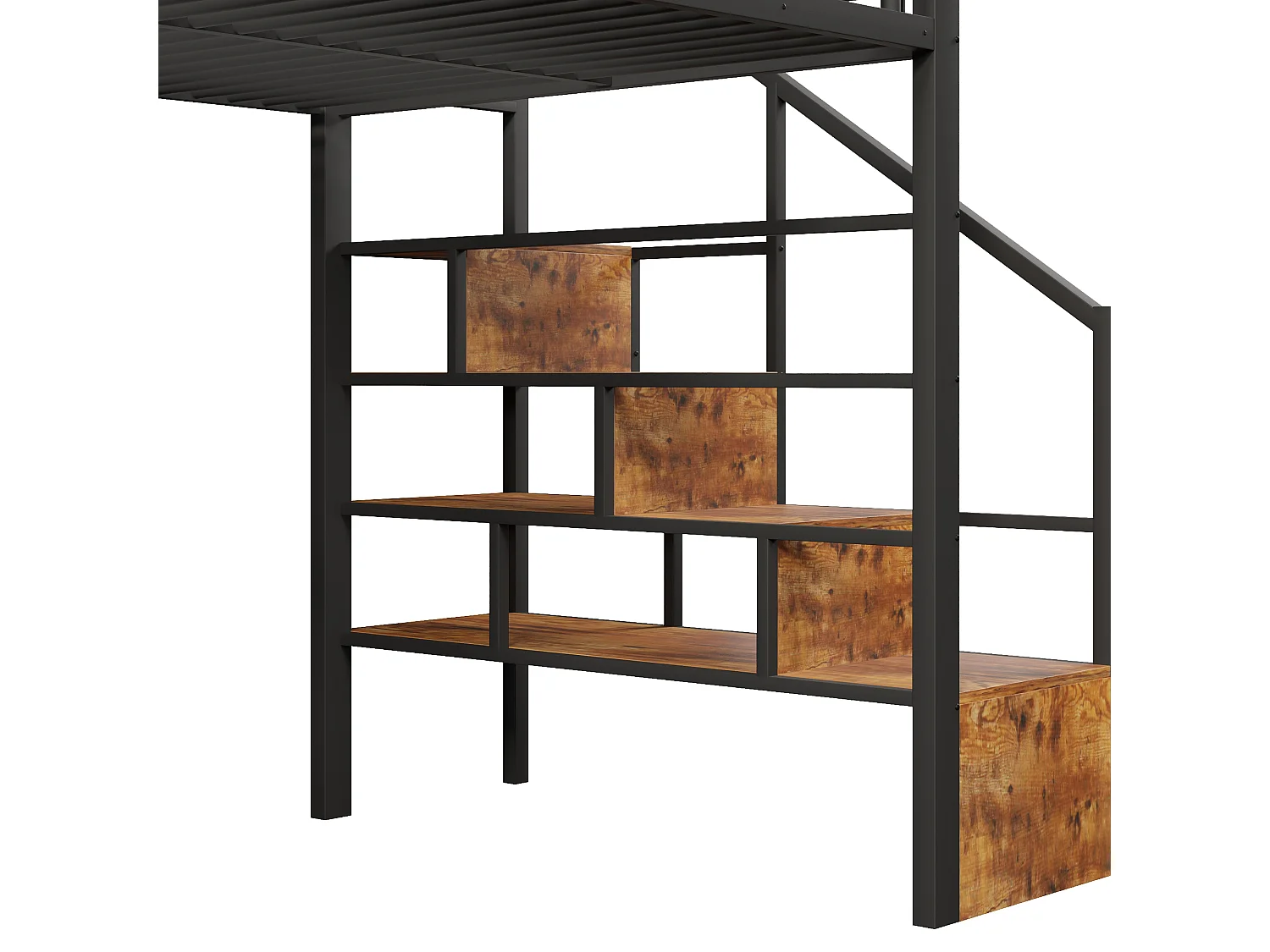 Lit mezzanine enfant 140x200cm avec espace libre sous le lit - avec LED, étagère, marches intégrées et barrière de sécurité, métal noir