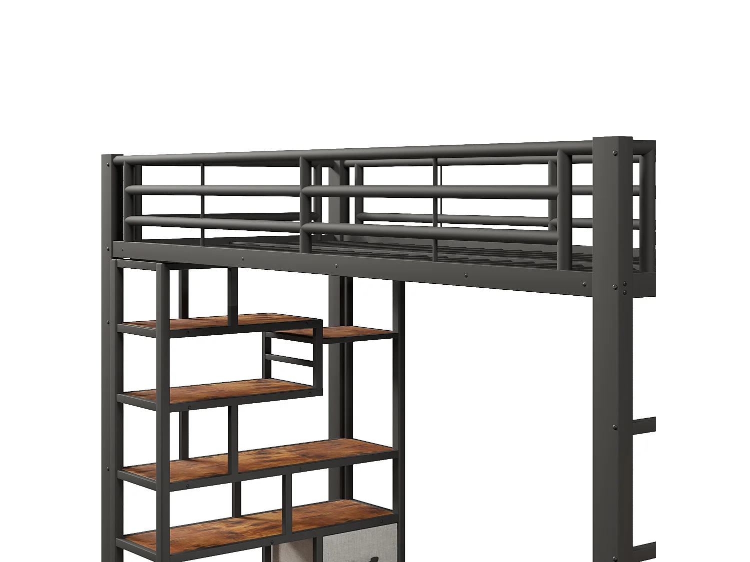 Lit mezzanine enfant 90x200cm avec tiroirs en tissu et espace sous le lit, LED, étagère, marches intégrées et barrière, métal noir