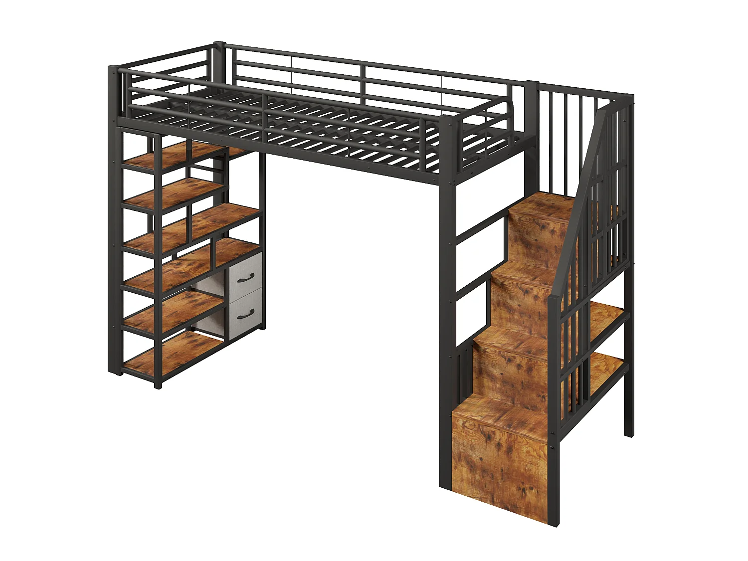 Lit mezzanine enfant 90x200cm avec tiroirs en tissu et espace sous le lit, LED, étagère, marches intégrées et barrière, métal noir