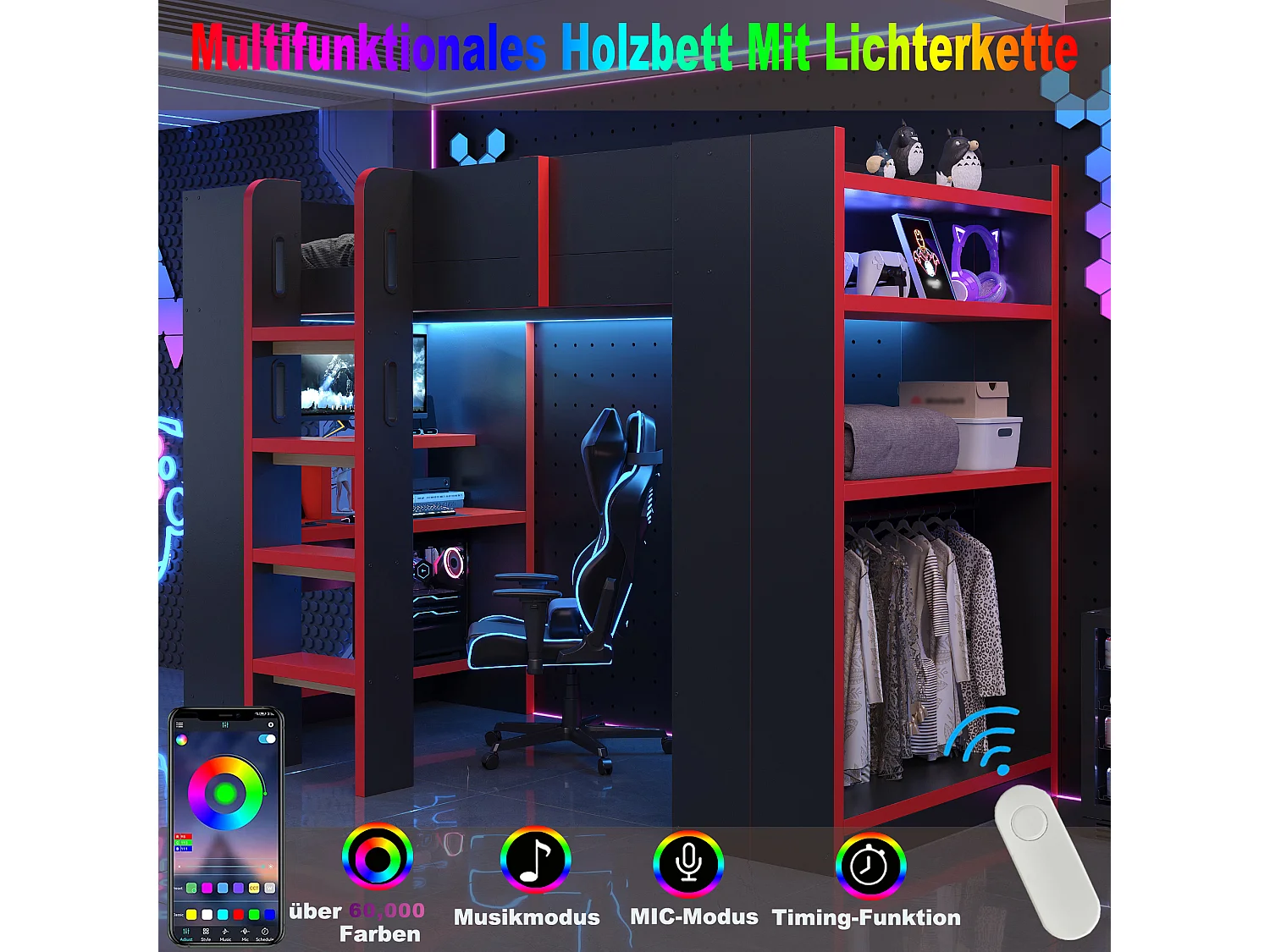 Lit mezzanine 90 x 200 cm avec bureau, support ordinateur, étagères, penderie, prise et éclairage LED, noir et rouge