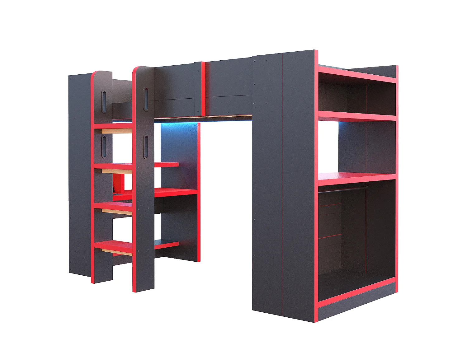 Lit mezzanine 90 x 200 cm avec bureau, support ordinateur, étagères, penderie, prise et éclairage LED, noir et rouge