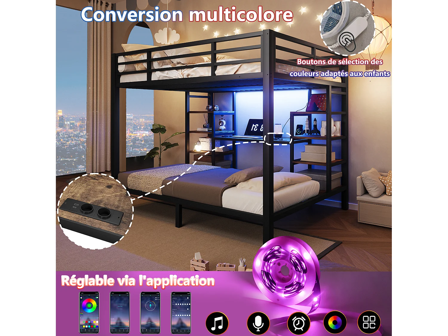 Lit superposé familial 90x200 / 140x200 cm - Lit triple 3 places avec étagères de rangement, prises USB/Type-C/Jack et LED, métal noir
