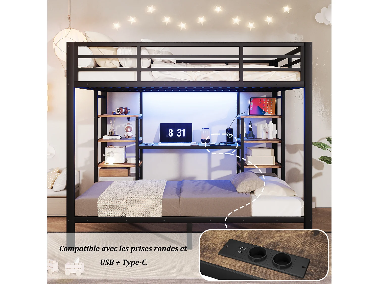 Lit superposé familial 90x200 / 140x200 cm - Lit triple 3 places avec étagères de rangement, prises USB/Type-C/Jack et LED, métal noir