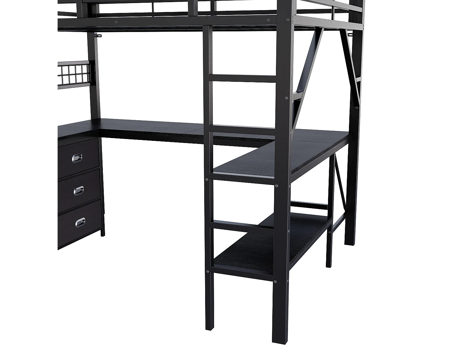 Lit mezzanine gaming 140x200 cm, bureau intégré, tiroirs, étagère et éclairage LED, structure en Métal, noir