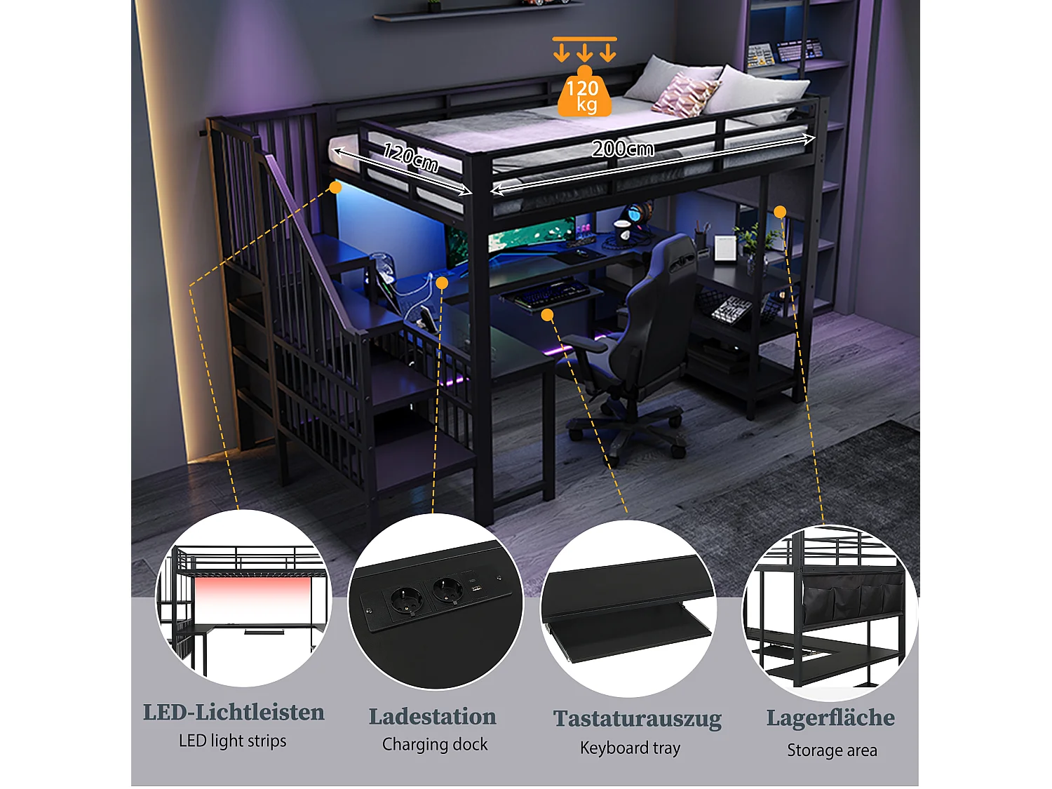 Lit mezzanine gaming 120x200cm avec escalier, bureau en U, tablette clavier, prise EU, étagères et LED, métal et bois, noir