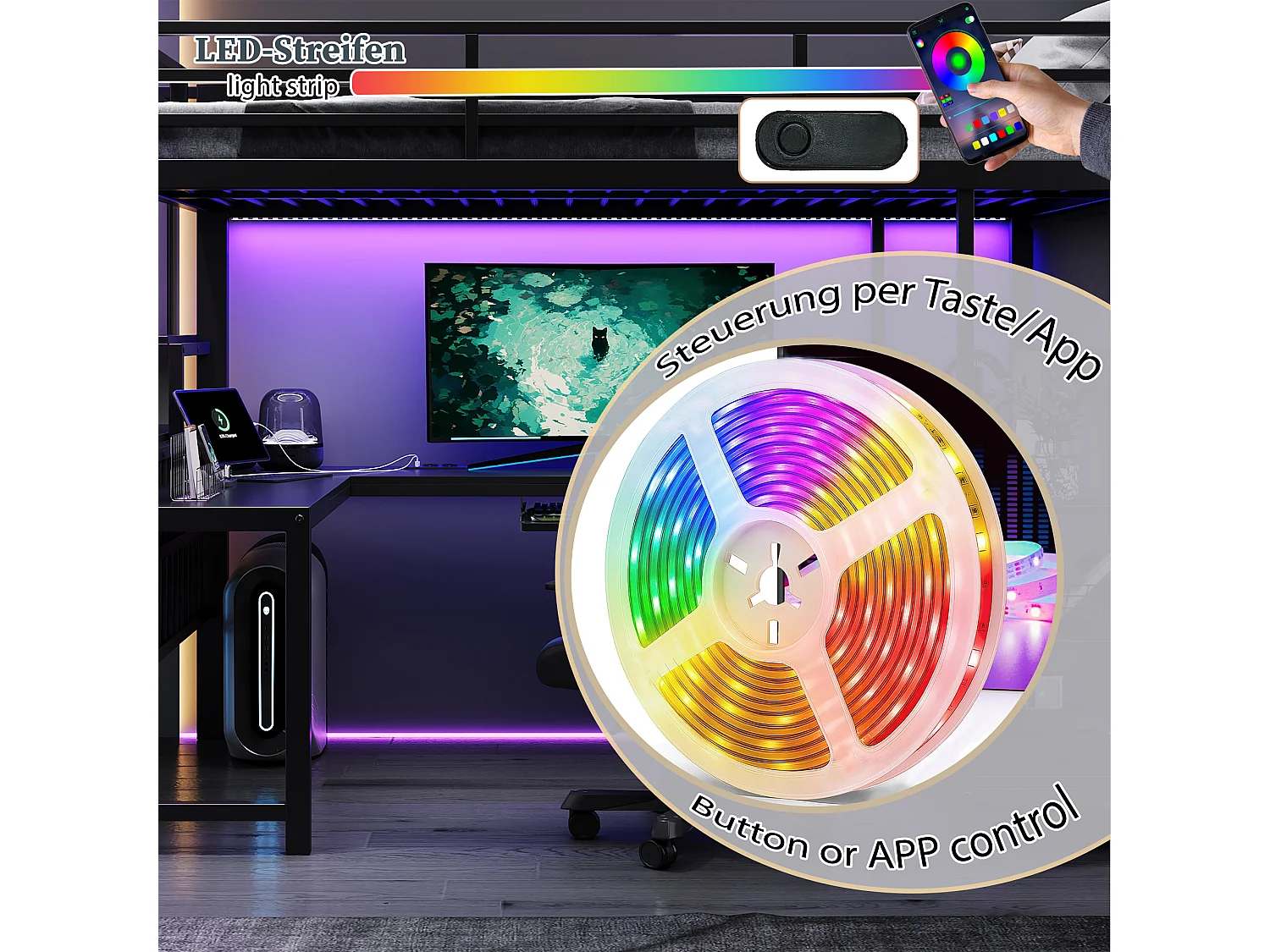 Lit mezzanine gaming 120x200cm avec escalier, bureau en U, tablette clavier, prise EU, étagères et LED, métal et bois, noir