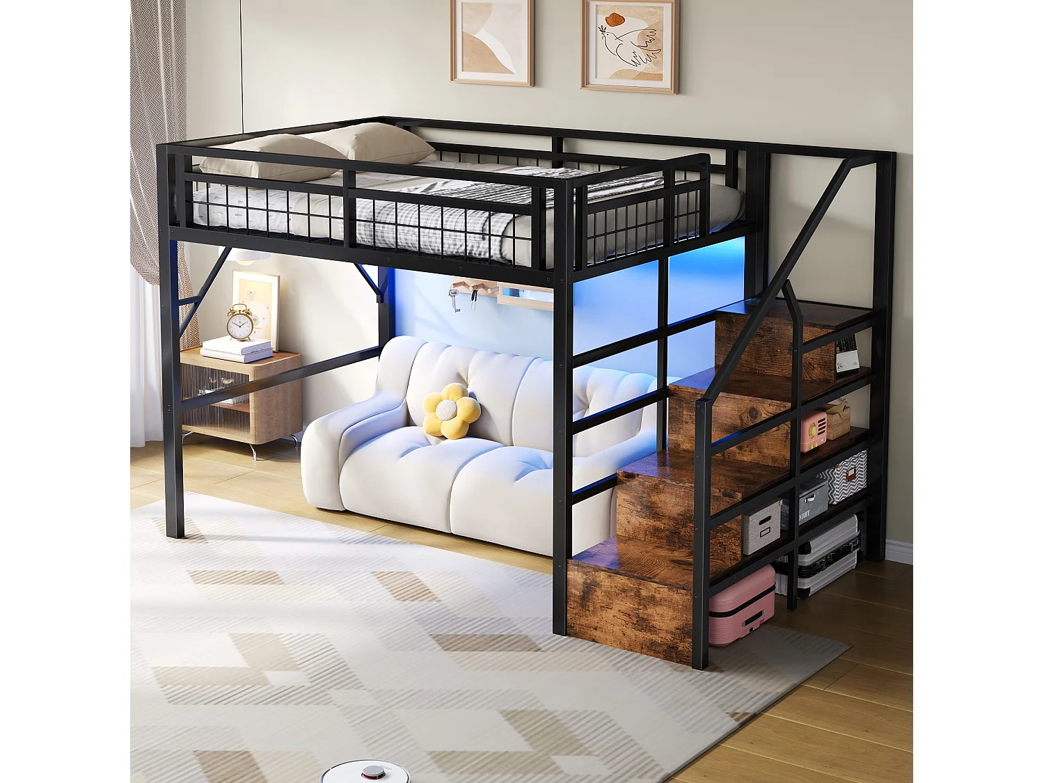 Lit mezzanine 140 x 200 cm en métal avec escalier de rangement, éclairage LED et espace libre aménageable, sans matelas, noir