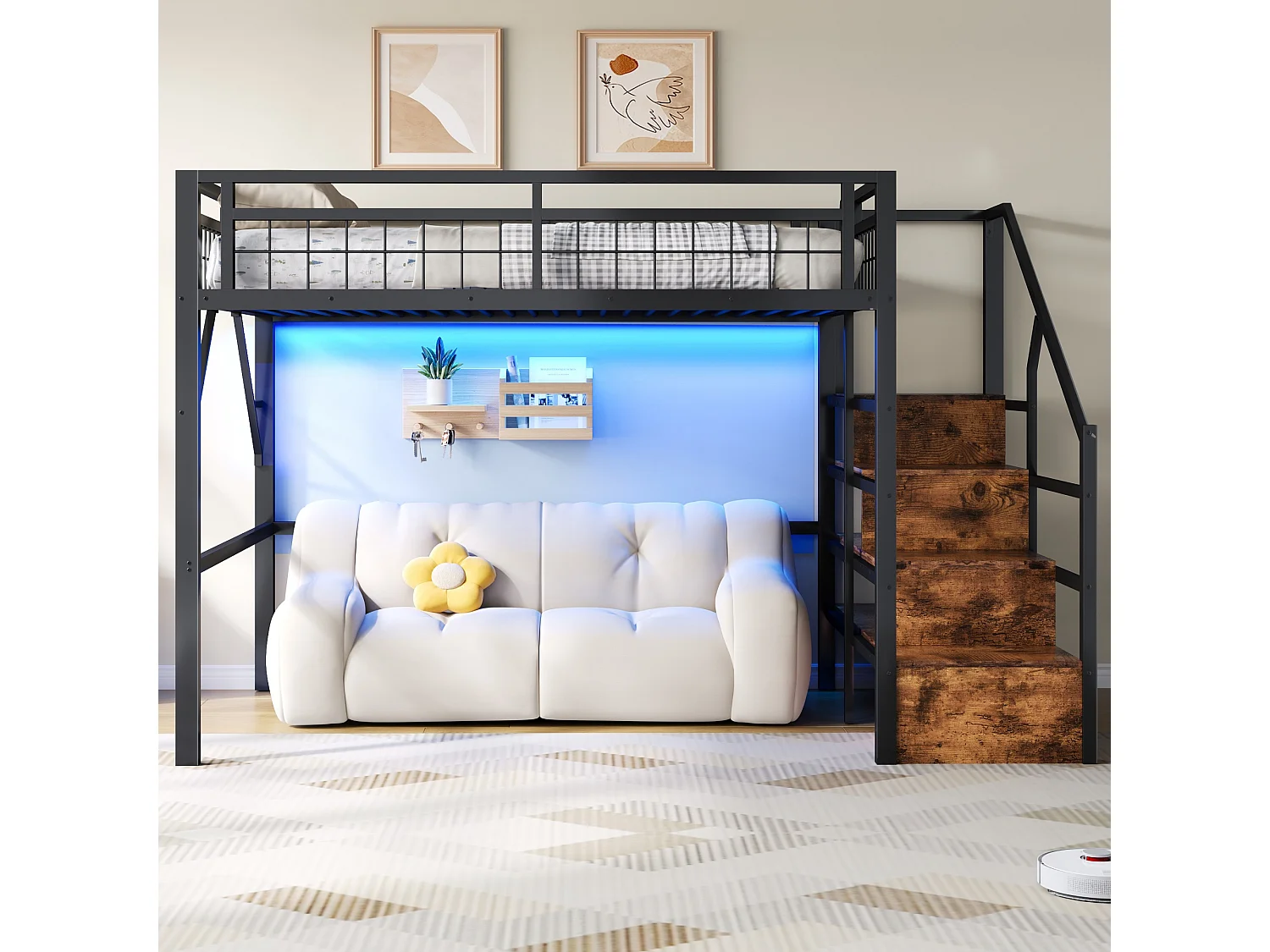 Lit mezzanine 140 x 200 cm en métal avec escalier de rangement, éclairage LED et espace libre aménageable, sans matelas, noir