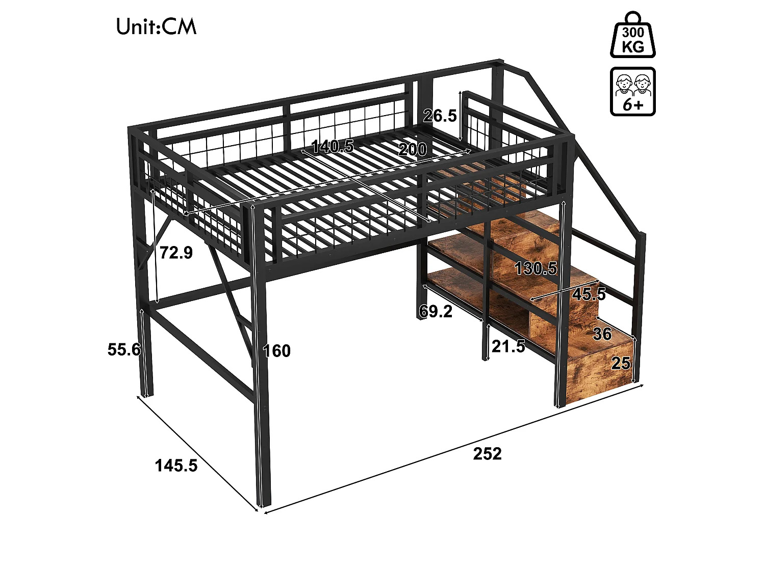 Lit mezzanine 140 x 200 cm en métal avec escalier de rangement, éclairage LED et espace libre aménageable, sans matelas, noir