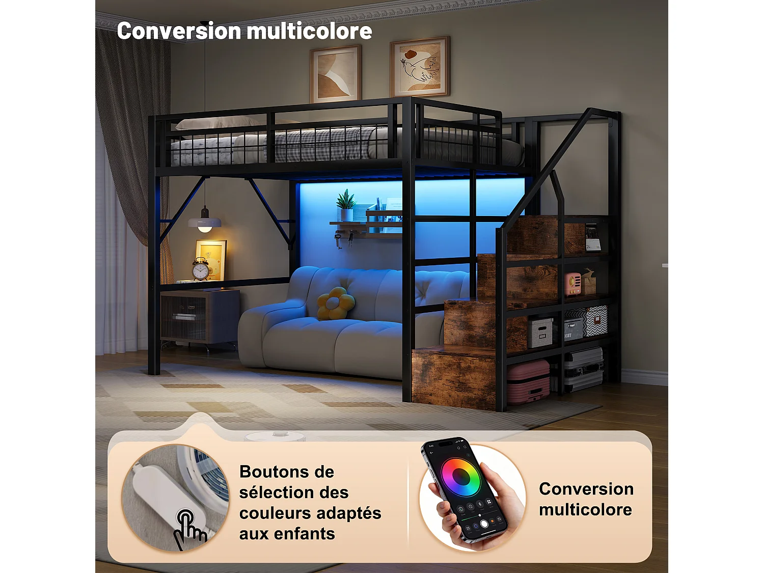 Lit mezzanine 140 x 200 cm en métal avec escalier de rangement, éclairage LED et espace libre aménageable, sans matelas, noir