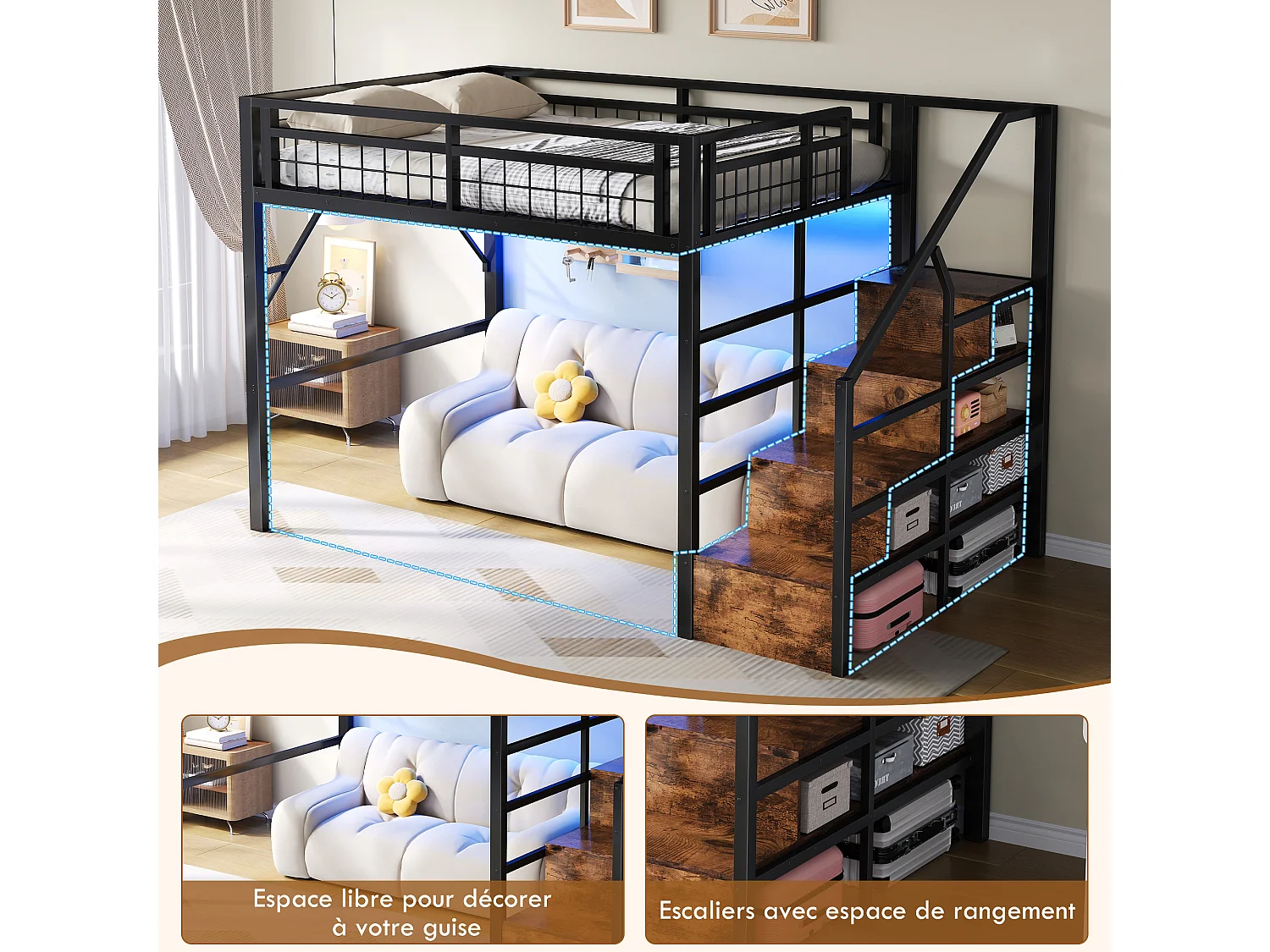Lit mezzanine 140 x 200 cm en métal avec escalier de rangement, éclairage LED et espace libre aménageable, sans matelas, noir