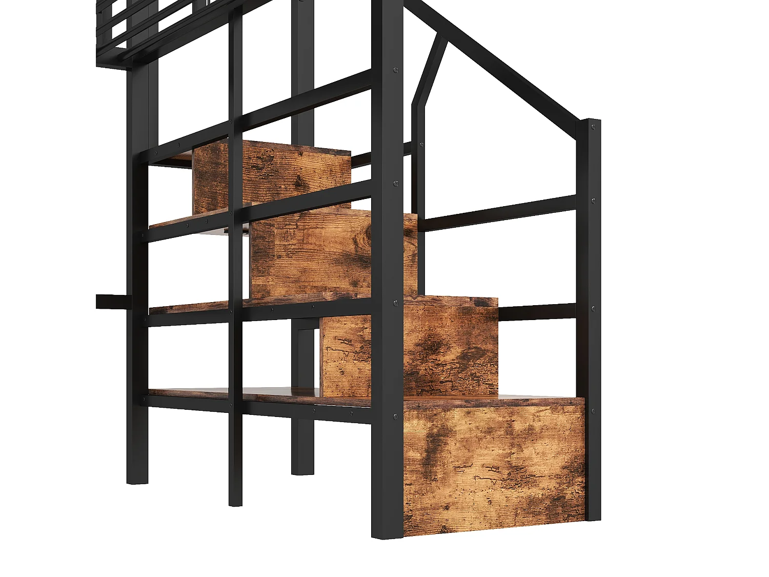 Lit mezzanine 140 x 200 cm en métal avec escalier de rangement, éclairage LED et espace libre aménageable, sans matelas, noir