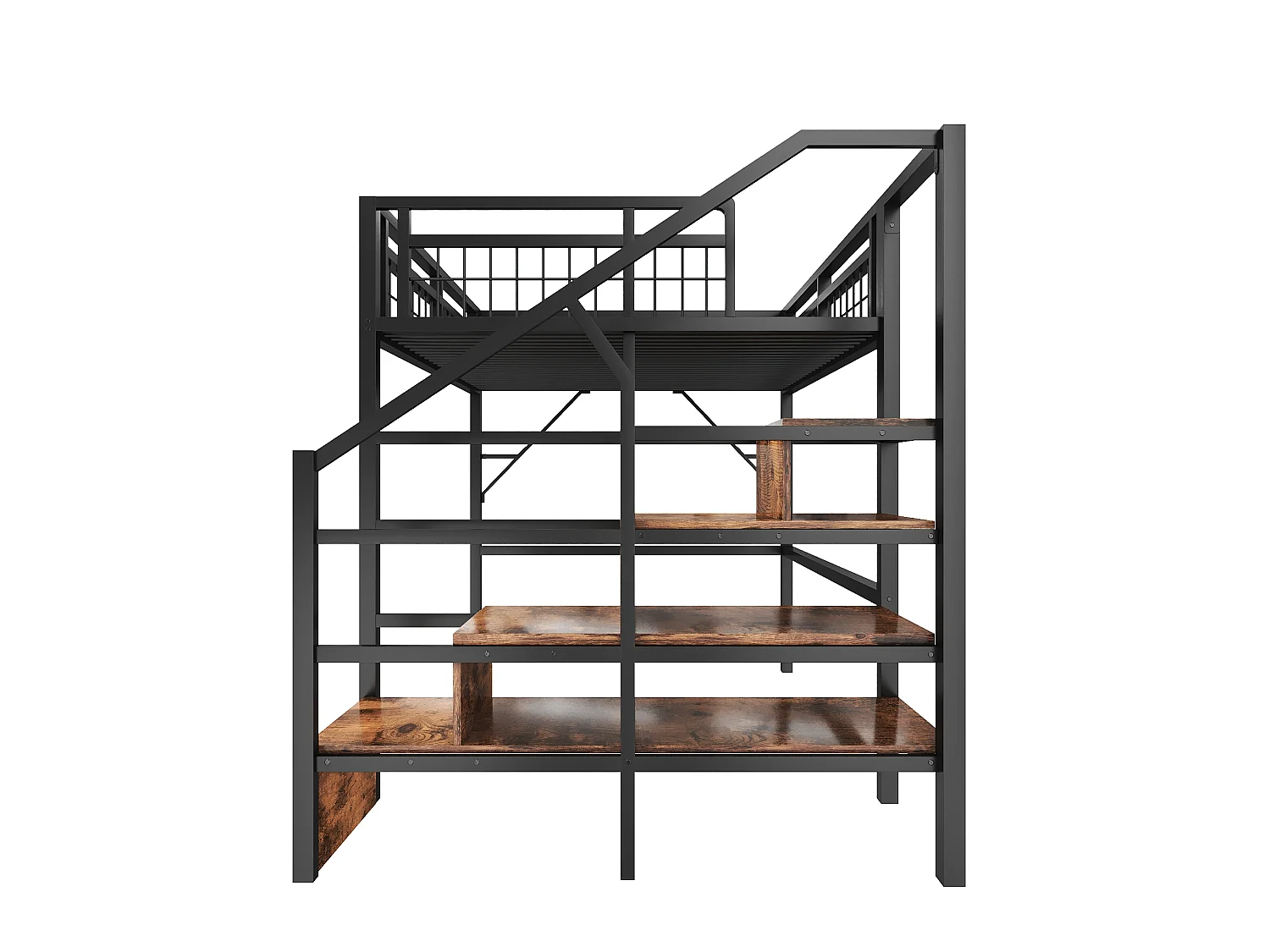 Lit mezzanine 140 x 200 cm en métal avec escalier de rangement, éclairage LED et espace libre aménageable, sans matelas, noir