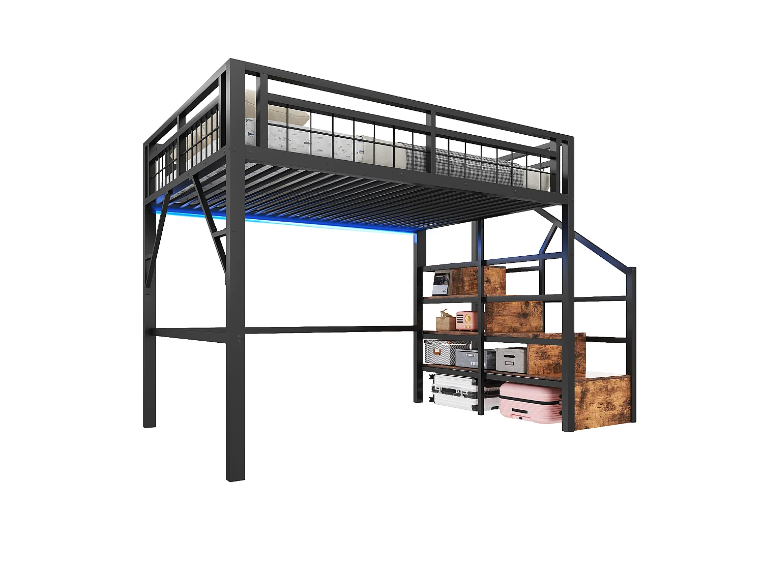 Lit mezzanine 140 x 200 cm en métal avec escalier de rangement, éclairage LED et espace libre aménageable, sans matelas, noir
