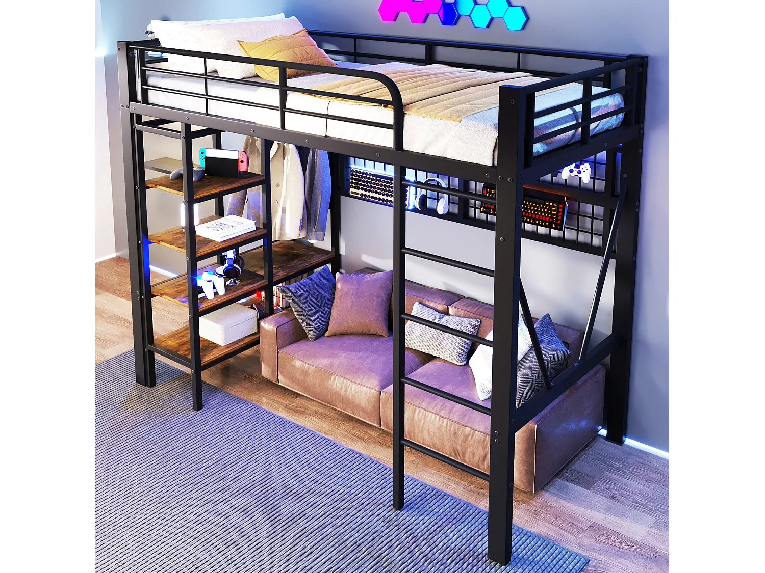 Lit mezzanine enfant 90x200cm, avec éclairage LED, niche, filet de rangement, tringle à vêtements, espace ouvert, structure en Métal, Noir