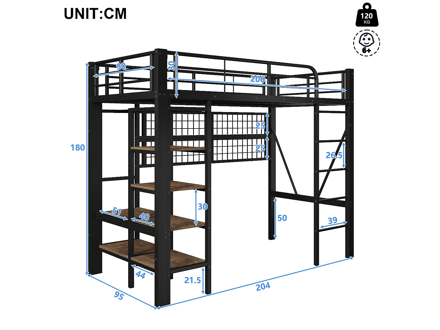 Lit mezzanine enfant 90x200cm, avec éclairage LED, niche, filet de rangement, tringle à vêtements, espace ouvert, structure en Métal, Noir