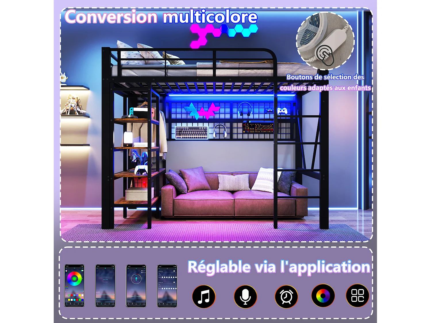 Lit mezzanine enfant 90x200cm, avec éclairage LED, niche, filet de rangement, tringle à vêtements, espace ouvert, structure en Métal, Noir