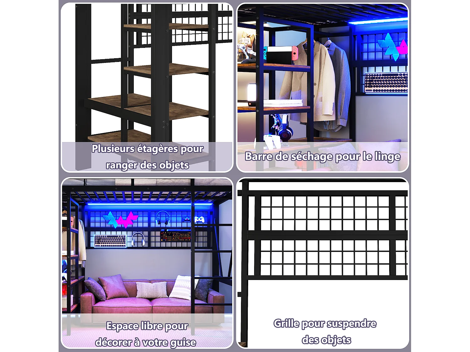 Lit mezzanine enfant 90x200cm, avec éclairage LED, niche, filet de rangement, tringle à vêtements, espace ouvert, structure en Métal, Noir