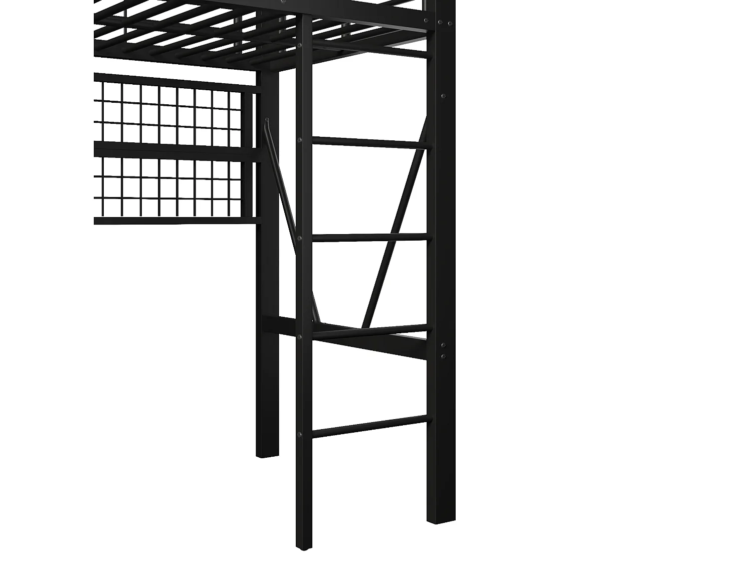 Lit mezzanine enfant 90x200cm, avec éclairage LED, niche, filet de rangement, tringle à vêtements, espace ouvert, structure en Métal, Noir