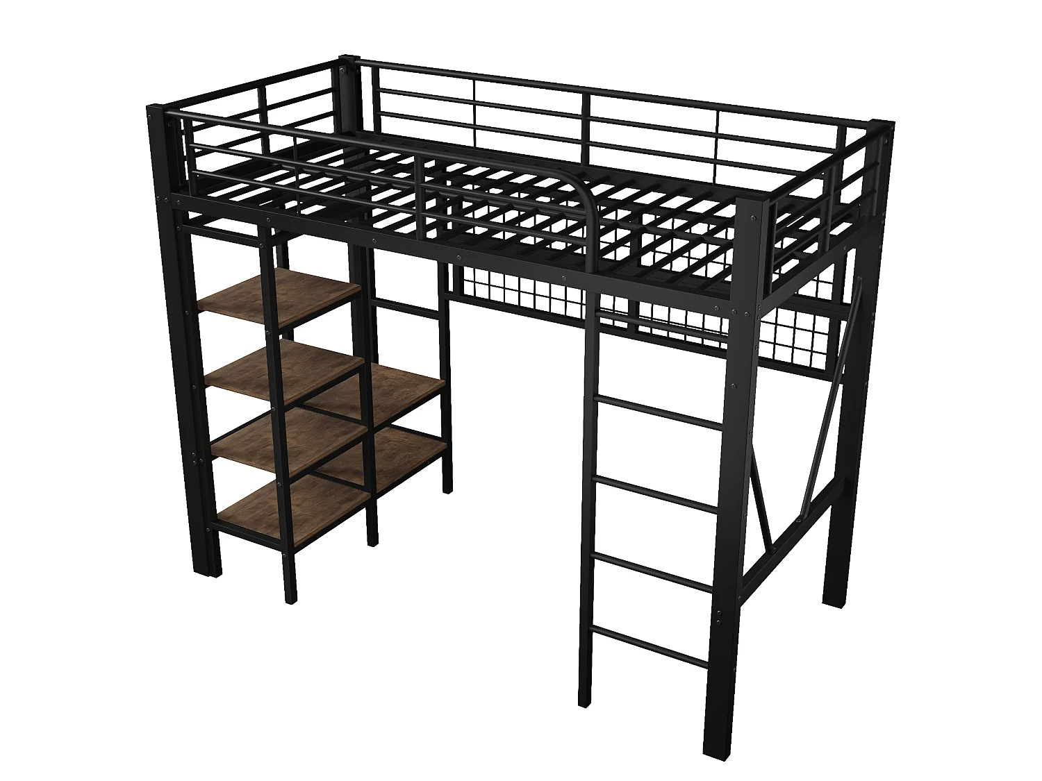 Lit mezzanine enfant 90x200cm, avec éclairage LED, niche, filet de rangement, tringle à vêtements, espace ouvert, structure en Métal, Noir