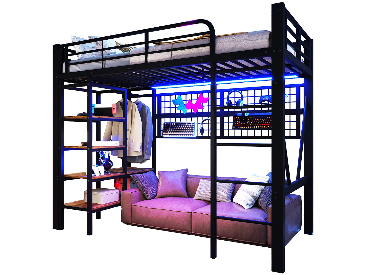 Lit mezzanine enfant 90x200cm, avec éclairage LED, niche, filet de rangement, tringle à vêtements, espace ouvert, structure en Métal, Noir