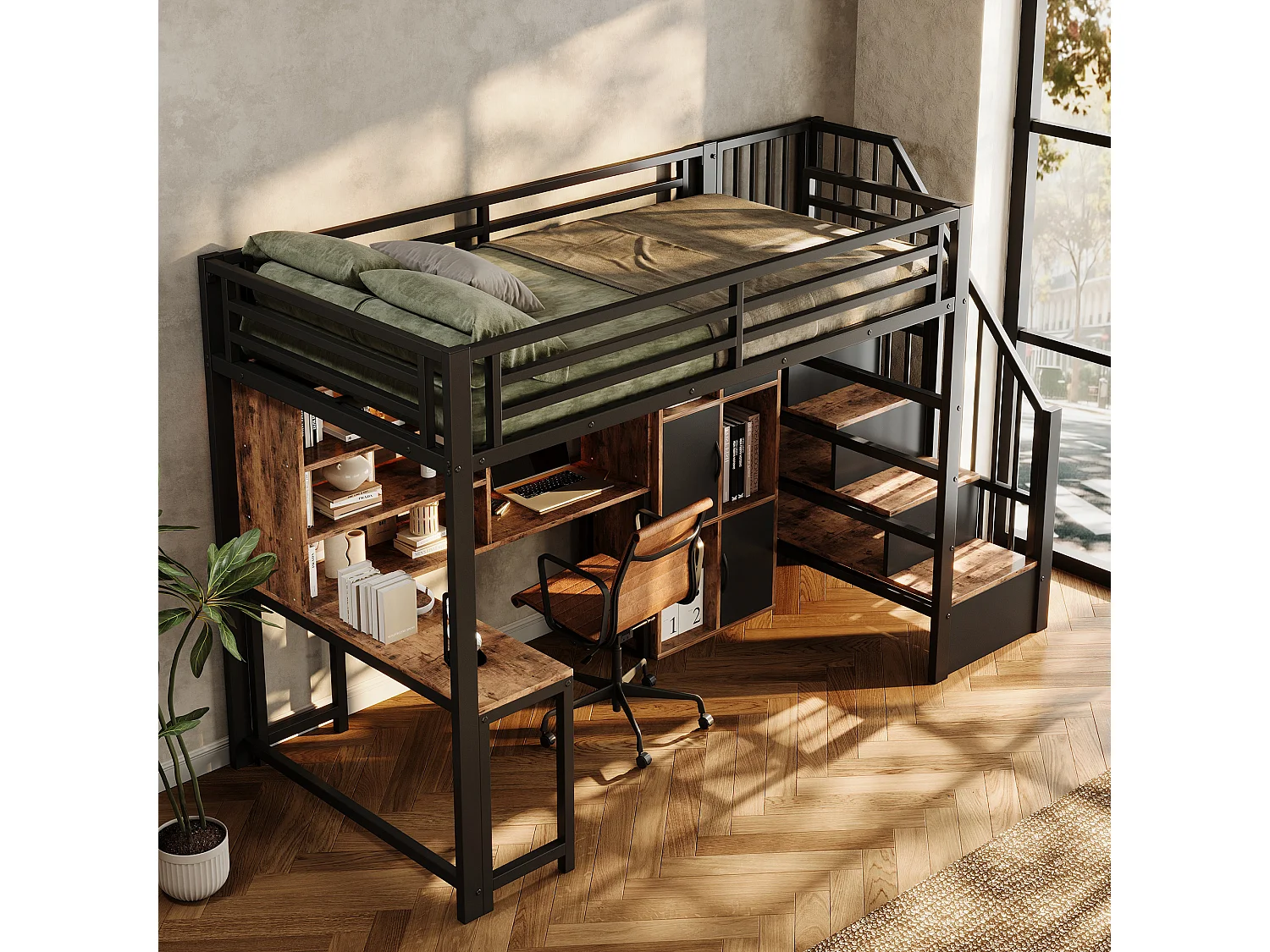 Lit mezzanine enfant compact 90 x 200 cm, échelle avec rangement, niche ouverte et éclairage LED, sans matelas, structure en métal, noir