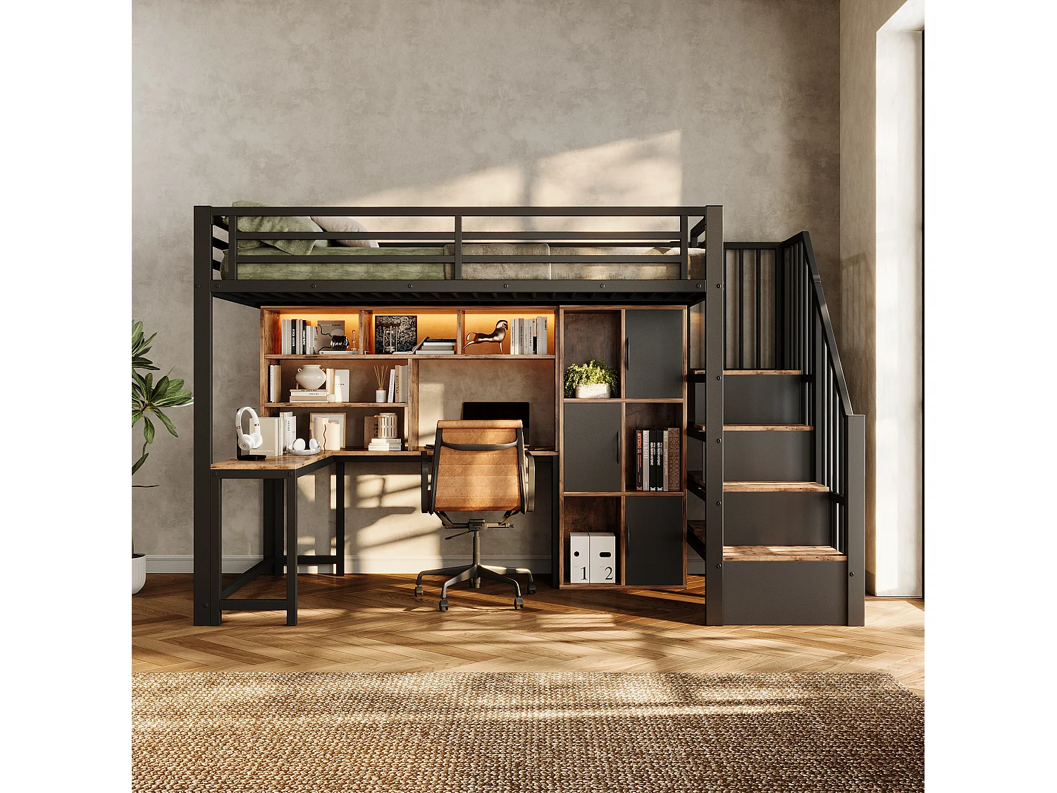 Lit mezzanine enfant compact 90 x 200 cm, échelle avec rangement, niche ouverte et éclairage LED, sans matelas, structure en métal, noir
