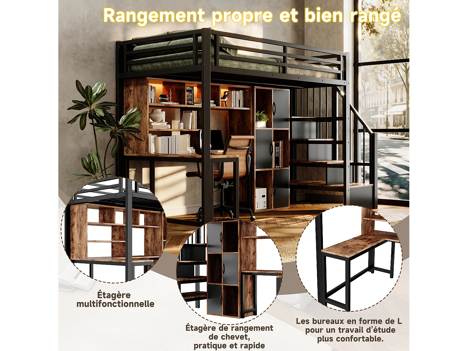 Lit mezzanine enfant compact 90 x 200 cm, échelle avec rangement, niche ouverte et éclairage LED, sans matelas, structure en métal, noir